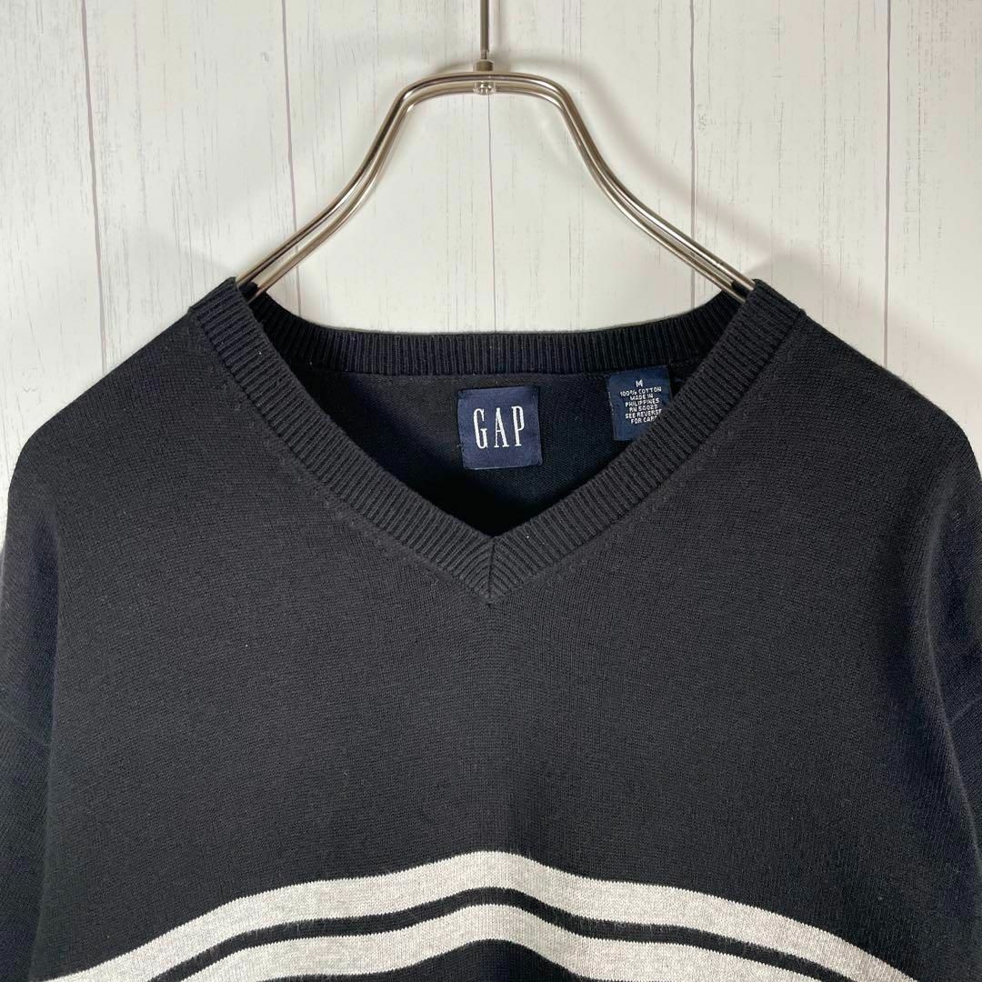 GAP(ギャップ)の[古着]OLD GAP　半袖　サマーニット　太ライン　V字　90s　無地　黒　白 メンズのトップス(Tシャツ/カットソー(半袖/袖なし))の商品写真