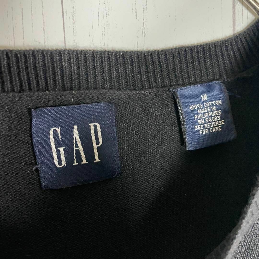 GAP(ギャップ)の[古着]OLD GAP　半袖　サマーニット　太ライン　V字　90s　無地　黒　白 メンズのトップス(Tシャツ/カットソー(半袖/袖なし))の商品写真