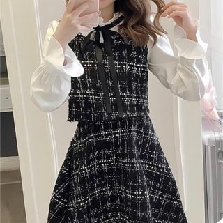 【新品♥1点限り‼️】フレア 黒ツイード柄韓国ミニワンピース ワンピドレス量産(ミニワンピース)