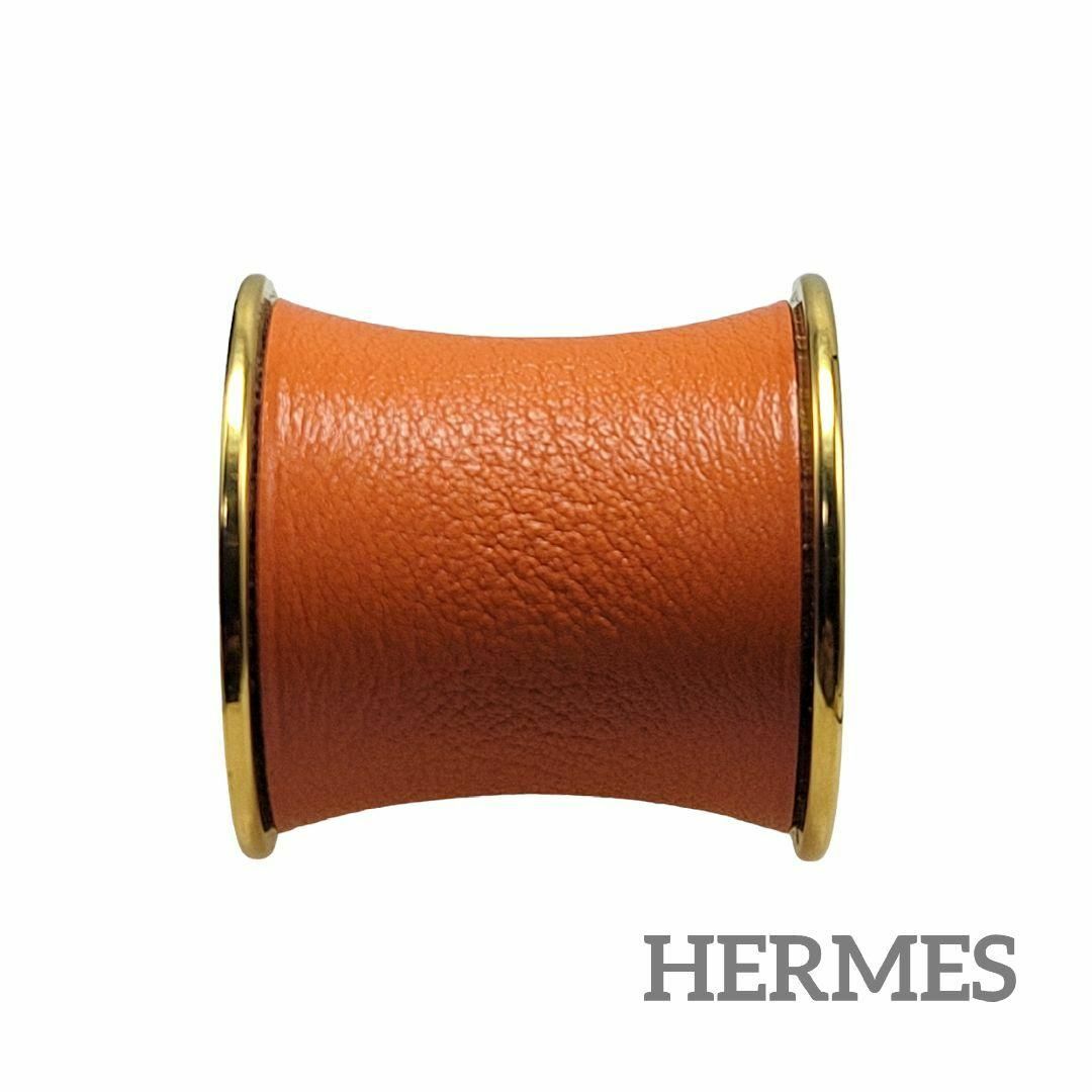 【美品】HERMES スカーフリング レザー巻き オレンジ ゴールド