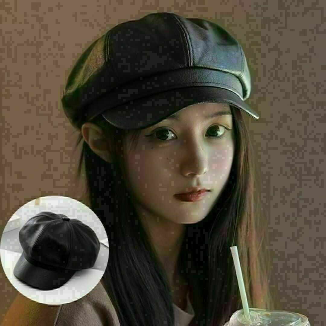 レザー キャスケット レディース メンズ 黒 ブラック 帽子 キャップ 小顔 レディースの帽子(キャスケット)の商品写真