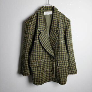 グレンチェック ウールジャケット 若草色 ダブルブレスト 日本製 レトロ(テーラードジャケット)