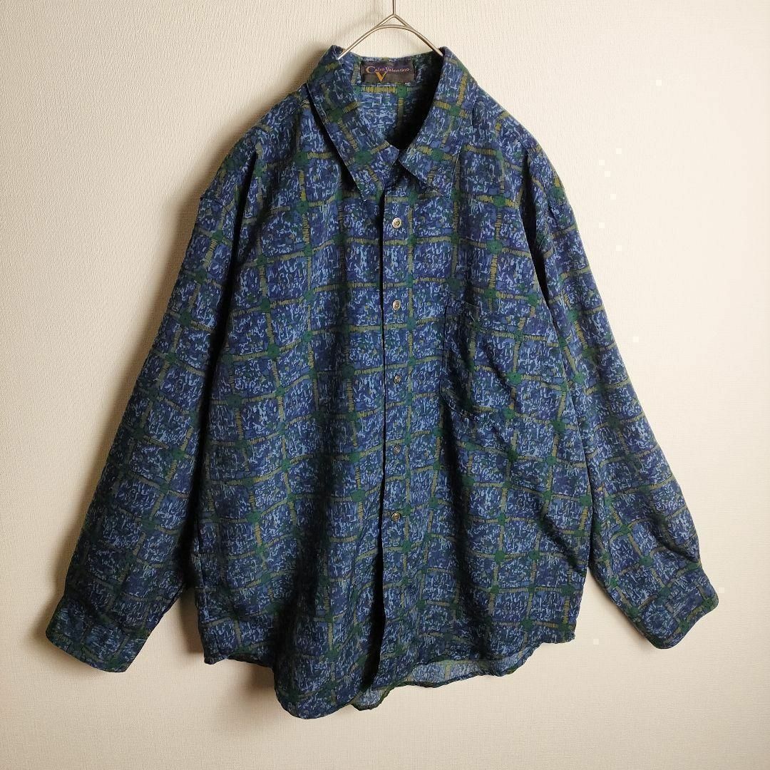 カモフラ風 総柄ポリシャツ 大きいサイズ ブルー系 太アーム レトロ古着 メンズのトップス(シャツ)の商品写真