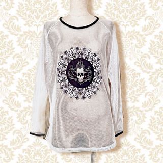 【新品★現品限り】ユニセックス★ドクロアップリケ.メッシュ長袖Tシャツ(カットソー(長袖/七分))