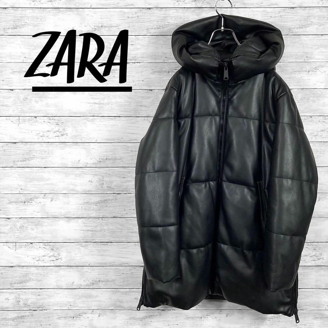 ZARA(ザラ)のザラ フェイクレザー ダウンジャケット ダウンコート ブラック XSサイズ メンズのジャケット/アウター(ダウンジャケット)の商品写真