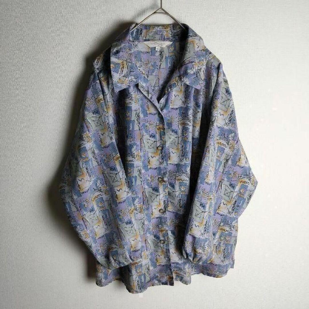 バルーン袖 ポリシャツ 開襟 くすみパープル アート柄 レトロ古着 メンズのトップス(シャツ)の商品写真