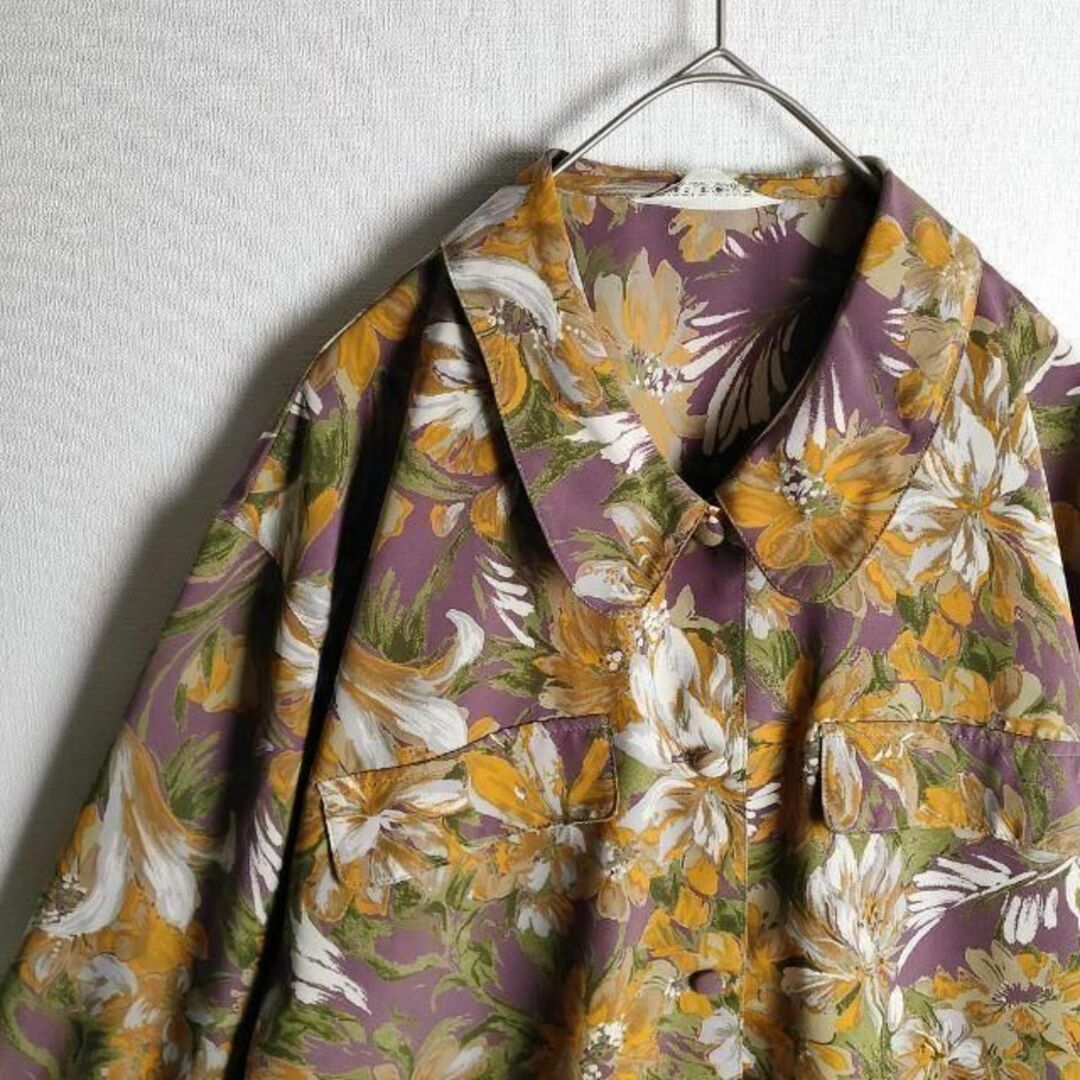 花柄 ポリシャツ くすみパープル くるみボタン 丸襟 フラップ 日本製 レトロ メンズのトップス(シャツ)の商品写真