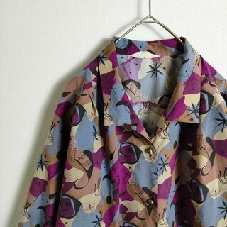 カモフラ柄 オープンカラーポリシャツ 紫 ゴム袖口 太アーム 日本製 レトロ(シャツ)
