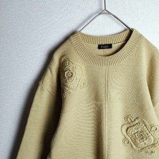 立体刺繍 ウールニット クリーム ペールカラー 日本製 レトロ(ニット/セーター)