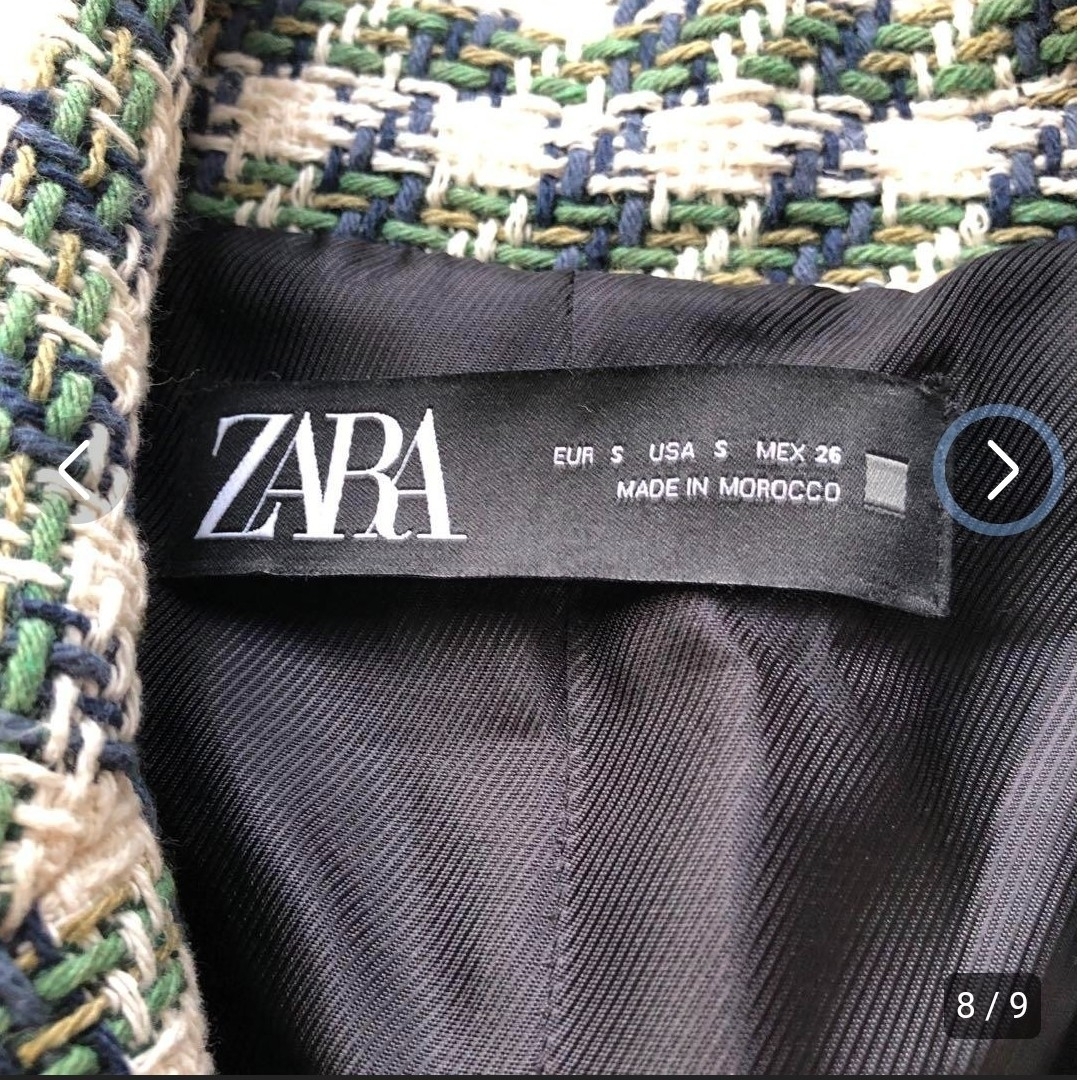 ZARA(ザラ)のZARA ツイード　ダブル　テーラードジャケット　千鳥柄　S ホワイト　グリーン レディースのジャケット/アウター(テーラードジャケット)の商品写真