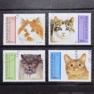 海外切手 4枚セット ギニア共和国 猫 ペット 錆び猫 レッドタビー ネコ ねこ(使用済み切手/官製はがき)