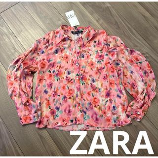 ザラ(ZARA)の新品　ZARA ザラ　フラワープリント　フリルシャツ　ブラウス(シャツ/ブラウス(長袖/七分))