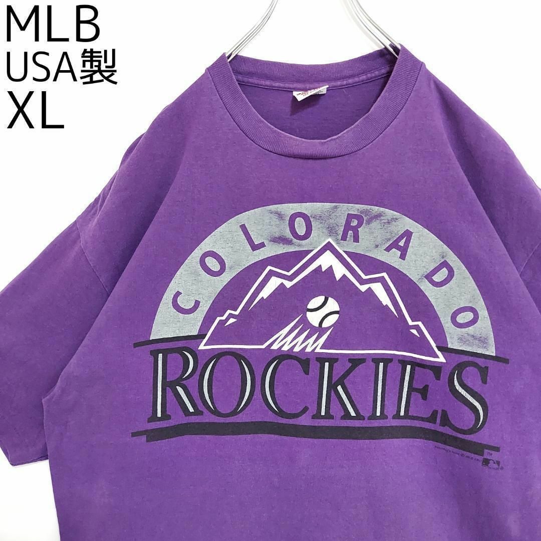 MLB(メジャーリーグベースボール)のロッキーズ ビッグプリントTシャツ 90s USA製 MLB XL 紫 白 黒 メンズのトップス(Tシャツ/カットソー(半袖/袖なし))の商品写真