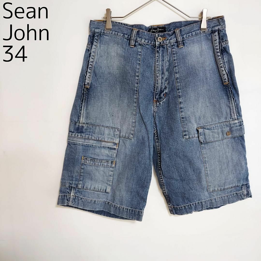 Sean John(ショーンジョン)のW34 ショーンジョン カーゴショートパンツ デニム ポケット ブルー 青 メンズのパンツ(ショートパンツ)の商品写真