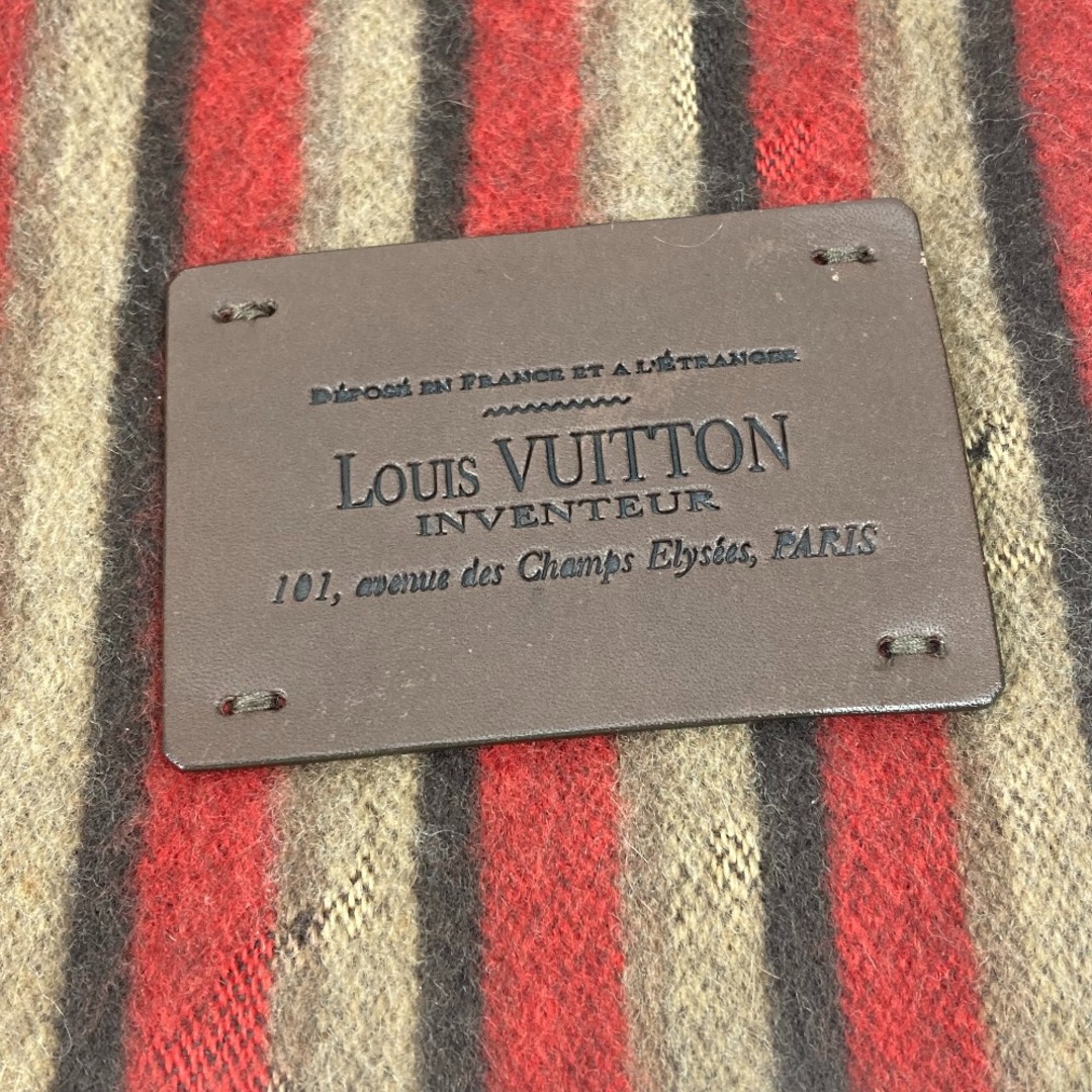 LOUIS VUITTON(ルイヴィトン)のルイヴィトン LOUIS VUITTON ロゴ ストライプ フリンジ レザータグ 革タグ マフラー ウール レッド レディースのファッション小物(マフラー/ショール)の商品写真