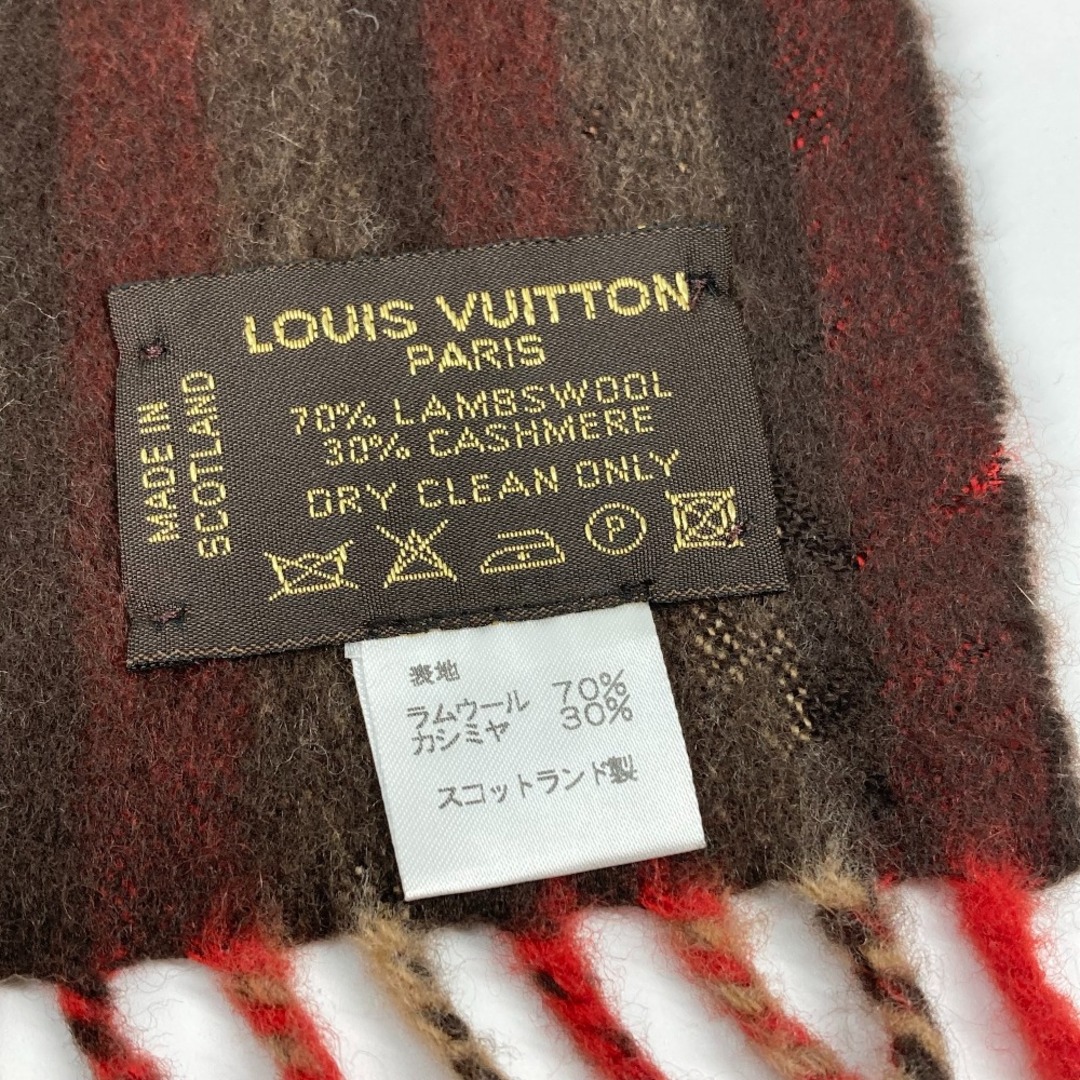 LOUIS VUITTON(ルイヴィトン)のルイヴィトン LOUIS VUITTON ロゴ ストライプ フリンジ レザータグ 革タグ マフラー ウール レッド レディースのファッション小物(マフラー/ショール)の商品写真