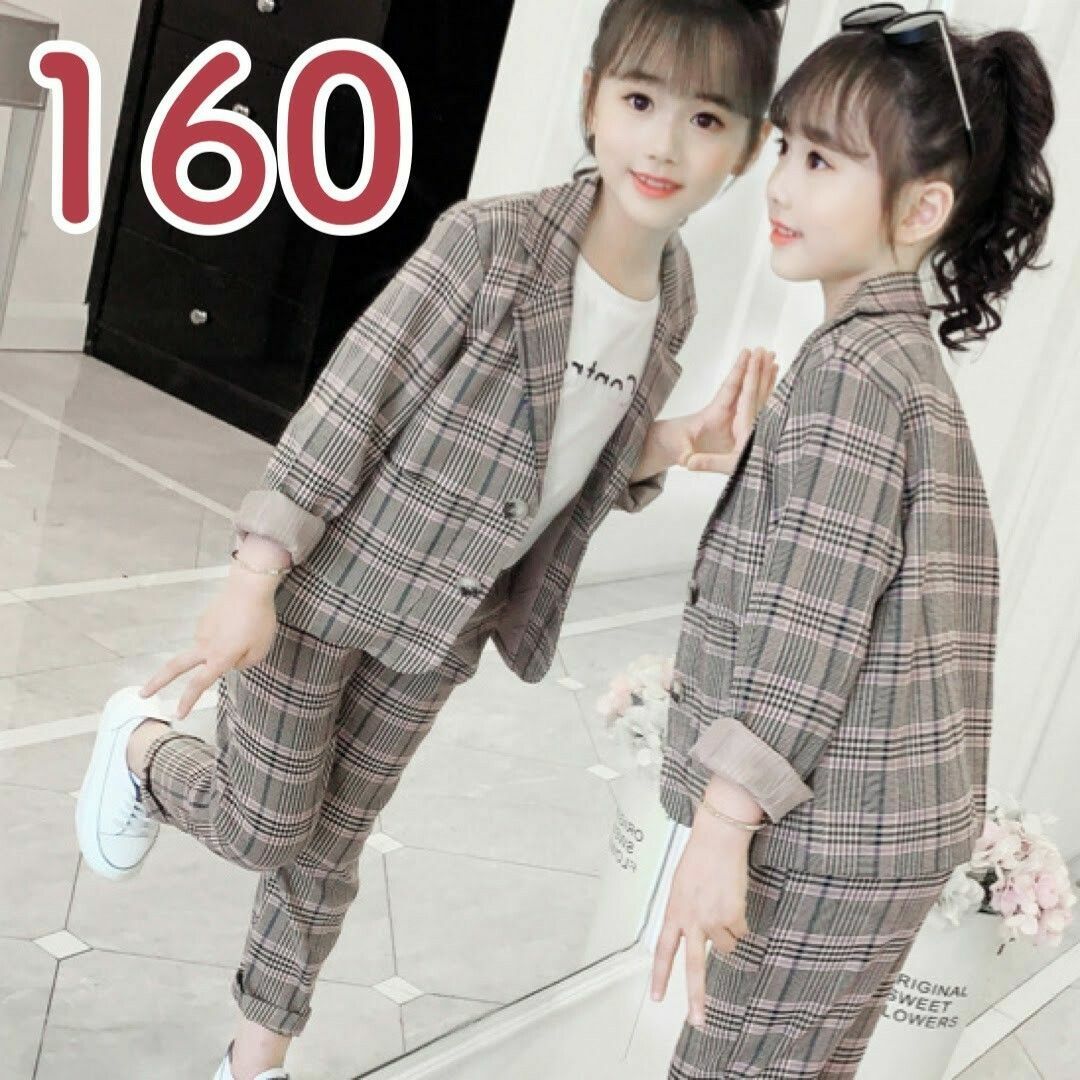 スーツ 160 女の子 パンツ フォーマル 入学式 茶 チェック ジャケット キッズ/ベビー/マタニティのキッズ服女の子用(90cm~)(ドレス/フォーマル)の商品写真