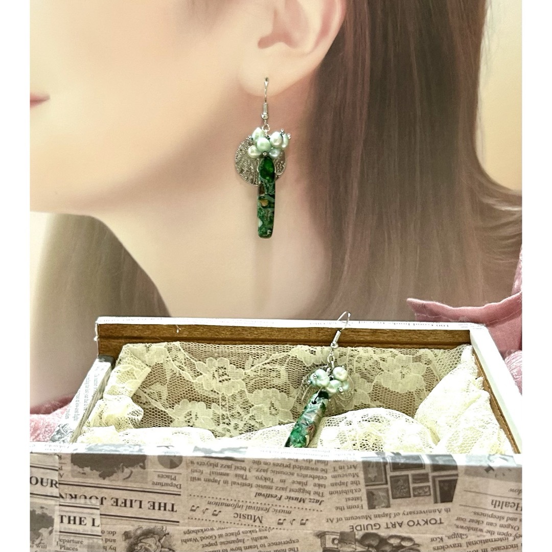 «461»耳飾り*淡水パールとジャスパー ハンドメイドのアクセサリー(ピアス)の商品写真
