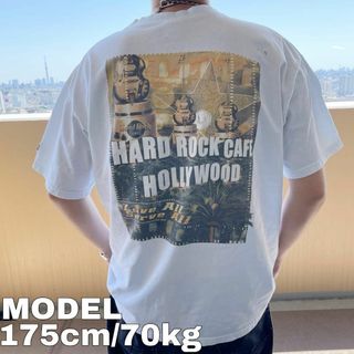 ハードロックカフェ ビッグプリントTシャツ ハリウッド XL ホワイト 白 黄色(Tシャツ/カットソー(半袖/袖なし))