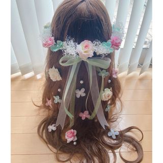 ラプンツェルハーフアップ髪飾り♡エメラルドグリーン♡ピンク(ヘッドドレス/ドレス)