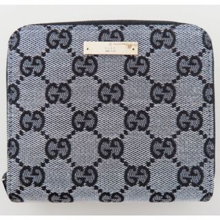 グッチ(Gucci)のK02 美品 GUCCI グッチ GGキャンバス/エナメル ファスナー付き折り財布 グレー/ブラック(財布)