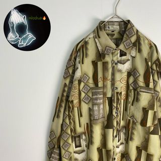 【長袖シャツ　総柄　柄シャツ　カーキ　ブラウン　古着】(シャツ)