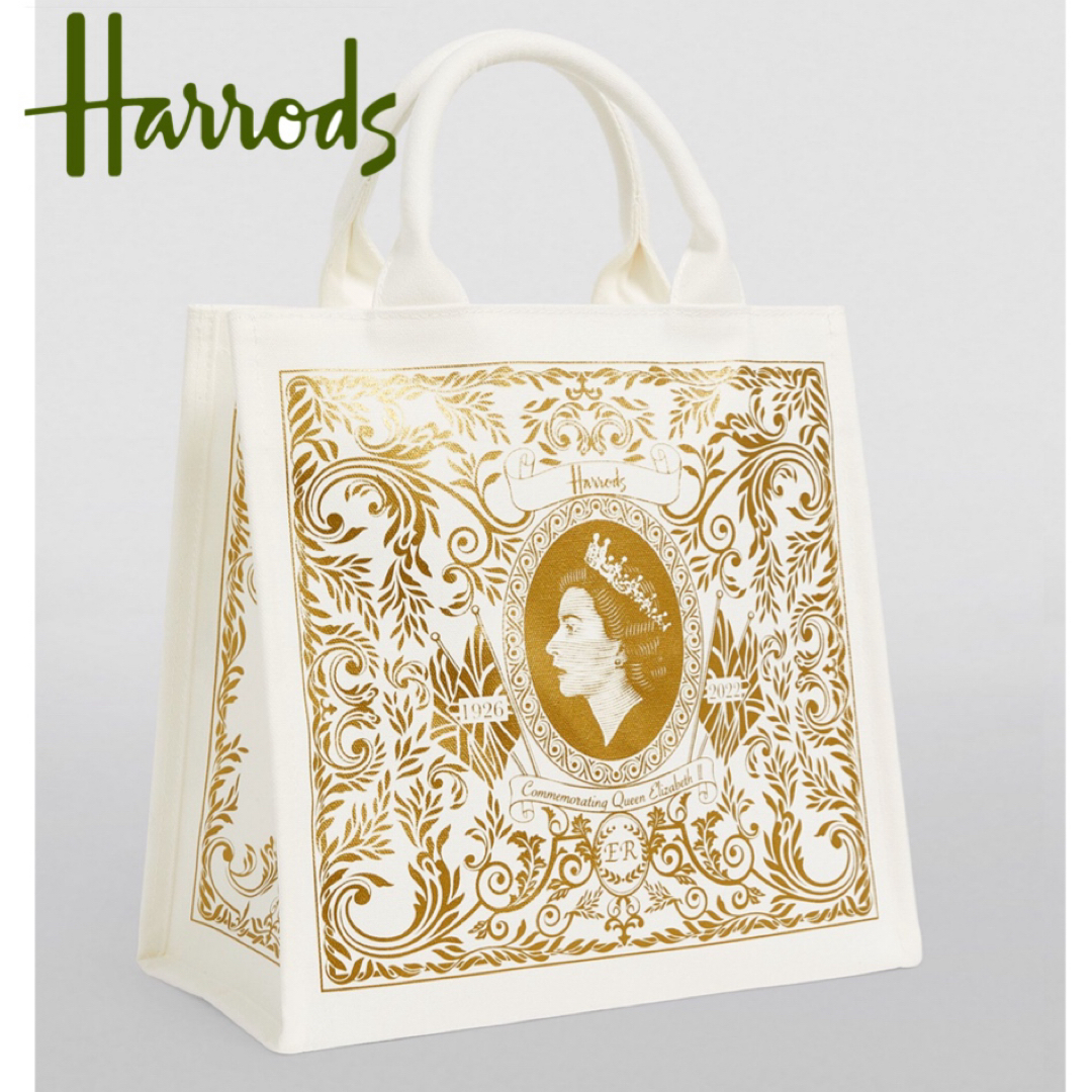 Harrods(ハロッズ)のハロッズ エリザベス女王 記念 トートバッグ  ホワイト×ゴールド 新品未使用 レディースのバッグ(トートバッグ)の商品写真