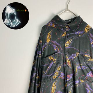 【長袖シャツ　柄シャツ　シルク100％　グレー　紫　古着】(シャツ)