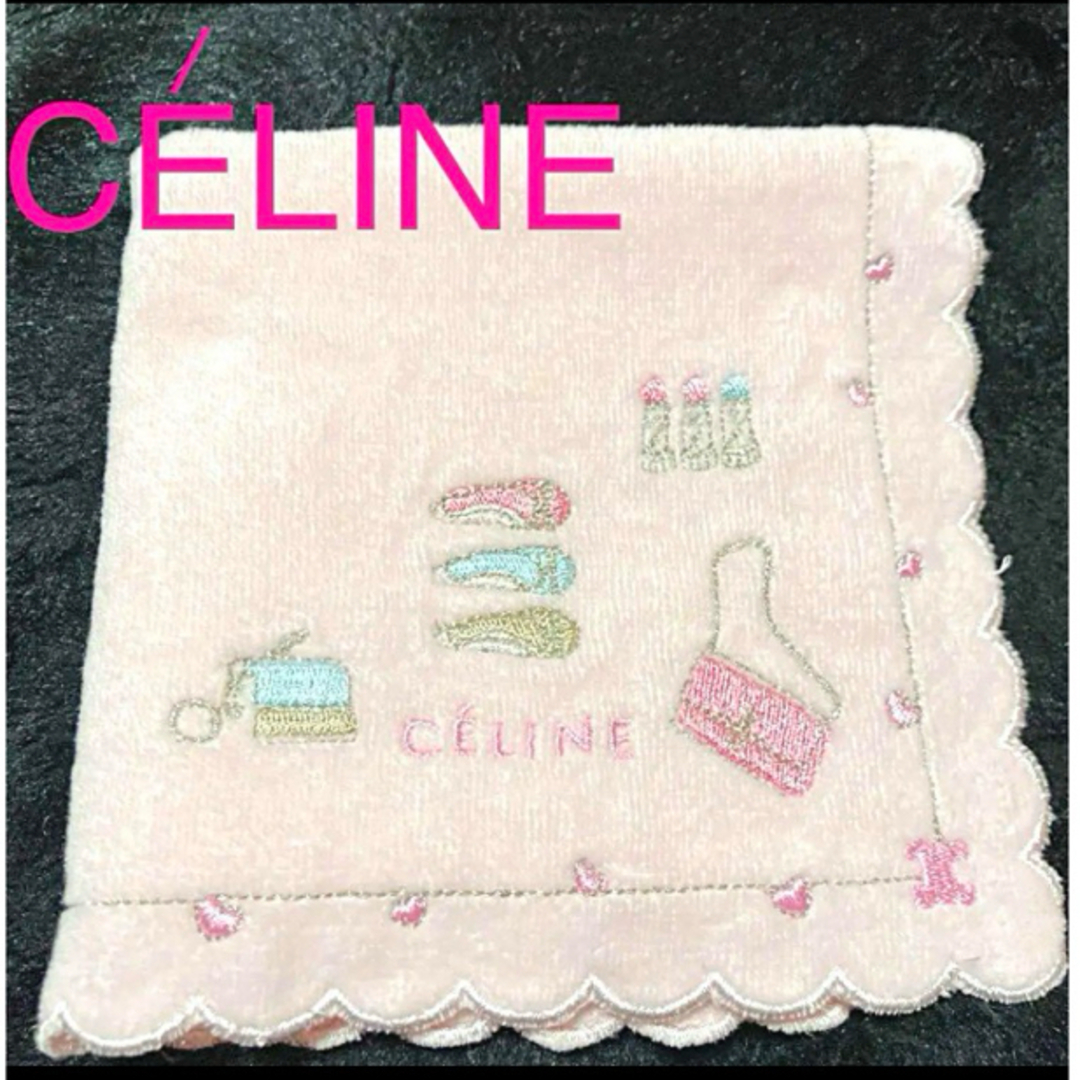 celine(セリーヌ)のCELINE  タオルハンカチ　ピンク　バック刺繍 レディースのファッション小物(ハンカチ)の商品写真