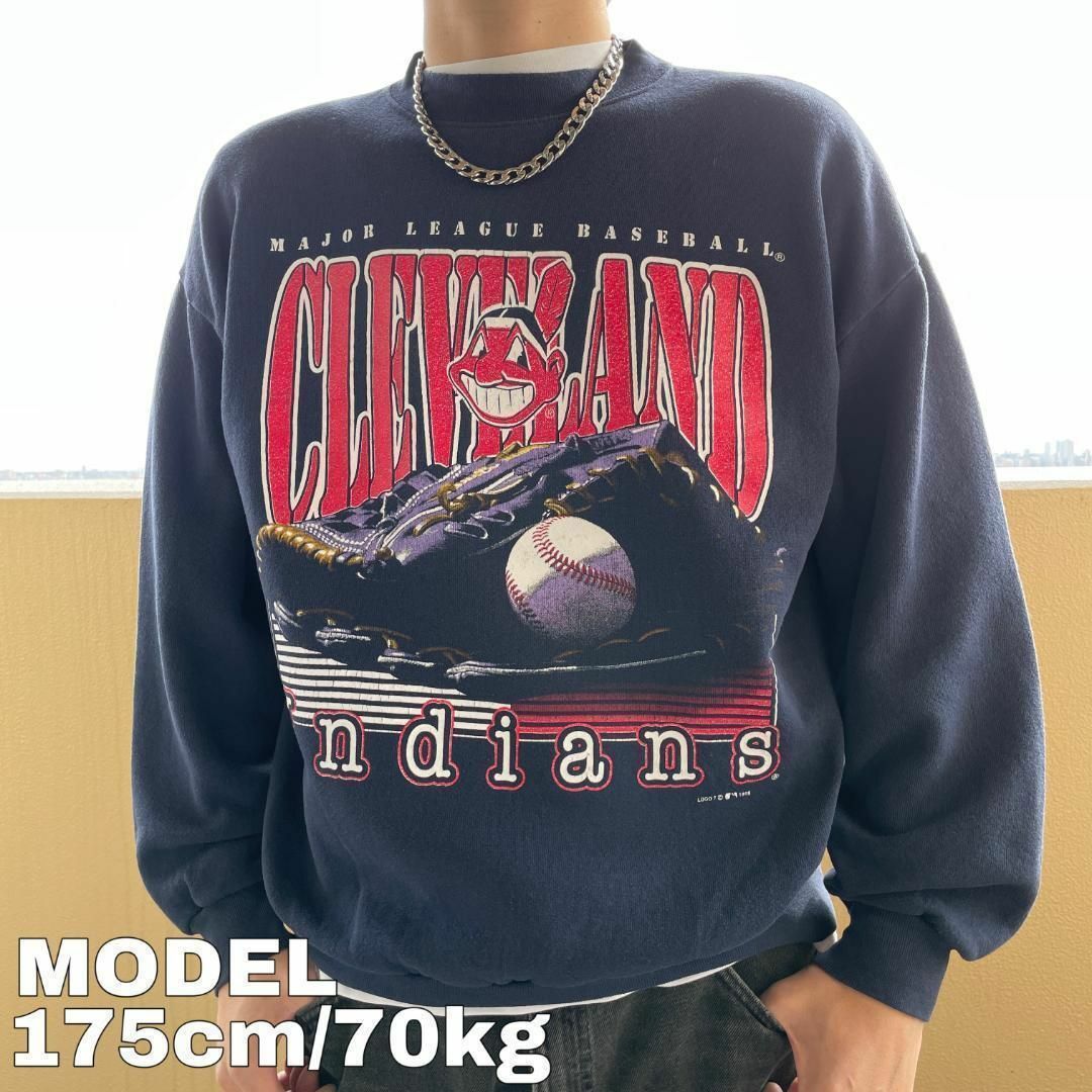 MLB(メジャーリーグベースボール)のインディアンス LOGO7 MLB スウェット プリント 90s ワフー L 紺 メンズのトップス(スウェット)の商品写真