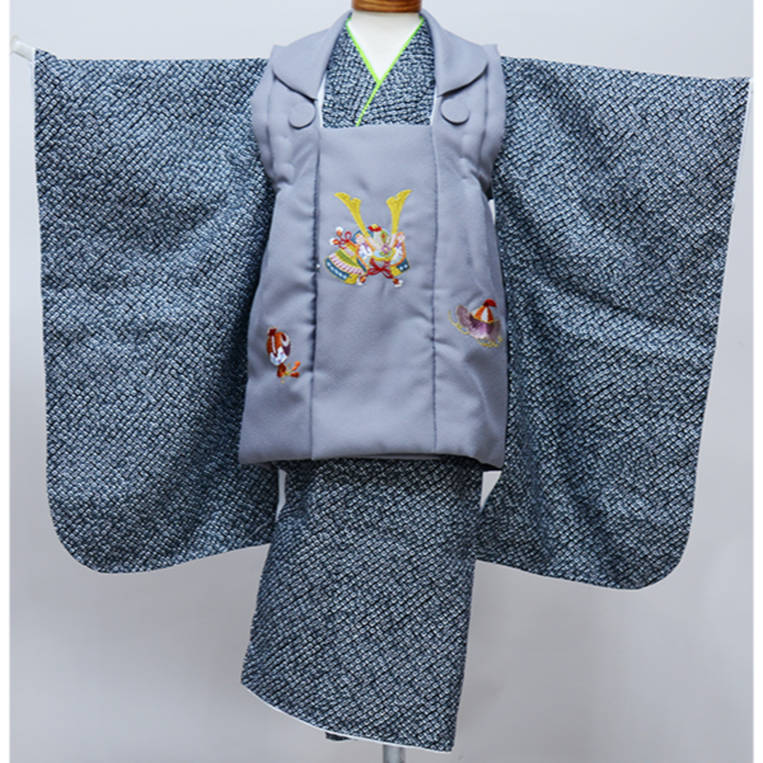 七五三 三歳 男児 被布着物セット 疋田鹿の子柄 被布に刺繍入り NO39796
