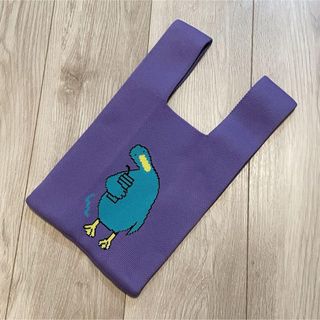 ニットバッグ　ドリンクを持つ鳥柄　紫(トートバッグ)