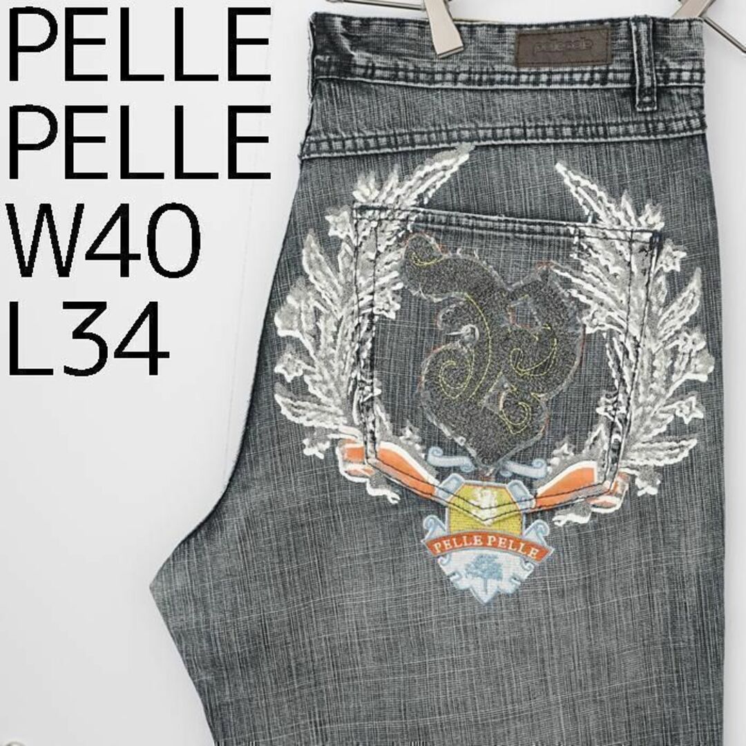 PELLE PELLE(ペレペレ)のW40 ペレペレ ポケットロゴ刺繍バギーデニム HIPHOPボトム ブルー 青 メンズのパンツ(デニム/ジーンズ)の商品写真