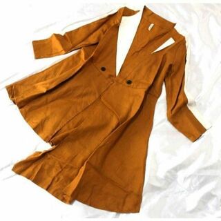 リネン100% レディース ロングコート 服/韓国 秋 春 M 長袖 オレンジ(テーラードジャケット)