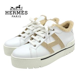 エルメス(Hermes)のエルメス HERMES デア スニーカー 靴 シューズ レザー ムートン ホワイト ベージュ Hロゴ ボア(スニーカー)