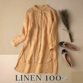 リネン100% ロングカーディガン 服/韓国 秋 春 Mサイズ 長袖 オレンジ(カーディガン)