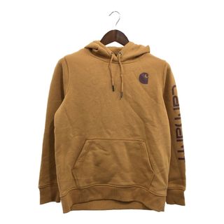 カーハート(carhartt)のCarhartt カーハート リラックスフィット ロゴ パーカー ワンポイントロゴ 袖プリント ブラウン (レディース M) 中古 古着 P7649(パーカー)