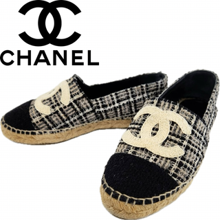 CHANEL - 【CHANEL シャネル】【ツイード エスパドリーユ ココマーク 36 ブラック スリッポン フラットシューズ 国内正規品】