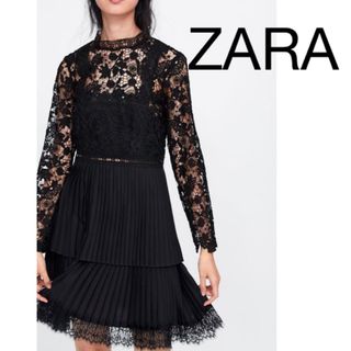 ザラ(ZARA)の【未使用】ZARAレースプリーツワンピース　入学式　入園式　結婚式　黒(ミニワンピース)