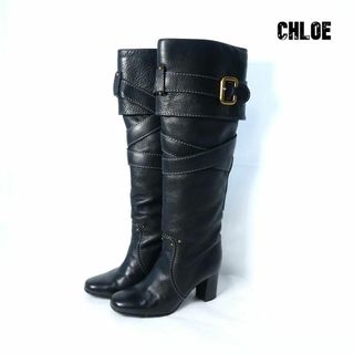 クロエ(Chloe)の美品 Chloe レザー ベルト ハイヒール ラウンドトゥ ジョッキーブーツ(ブーツ)