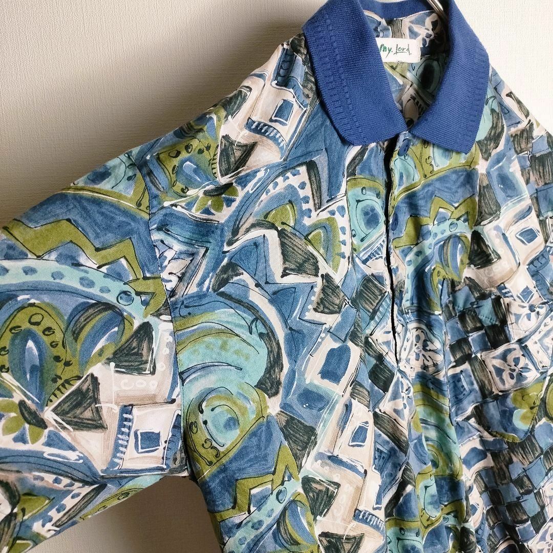 アート調総柄 半袖シャツ ハーフボタン リブ ブルー系 日本製 レトロ古着 メンズのトップス(ポロシャツ)の商品写真