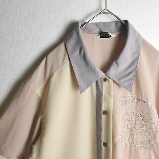 切り替えデザイン 半袖シャツ 刺繍 ペールカラー 薄手 紫 ピンク レトロ古着(シャツ)