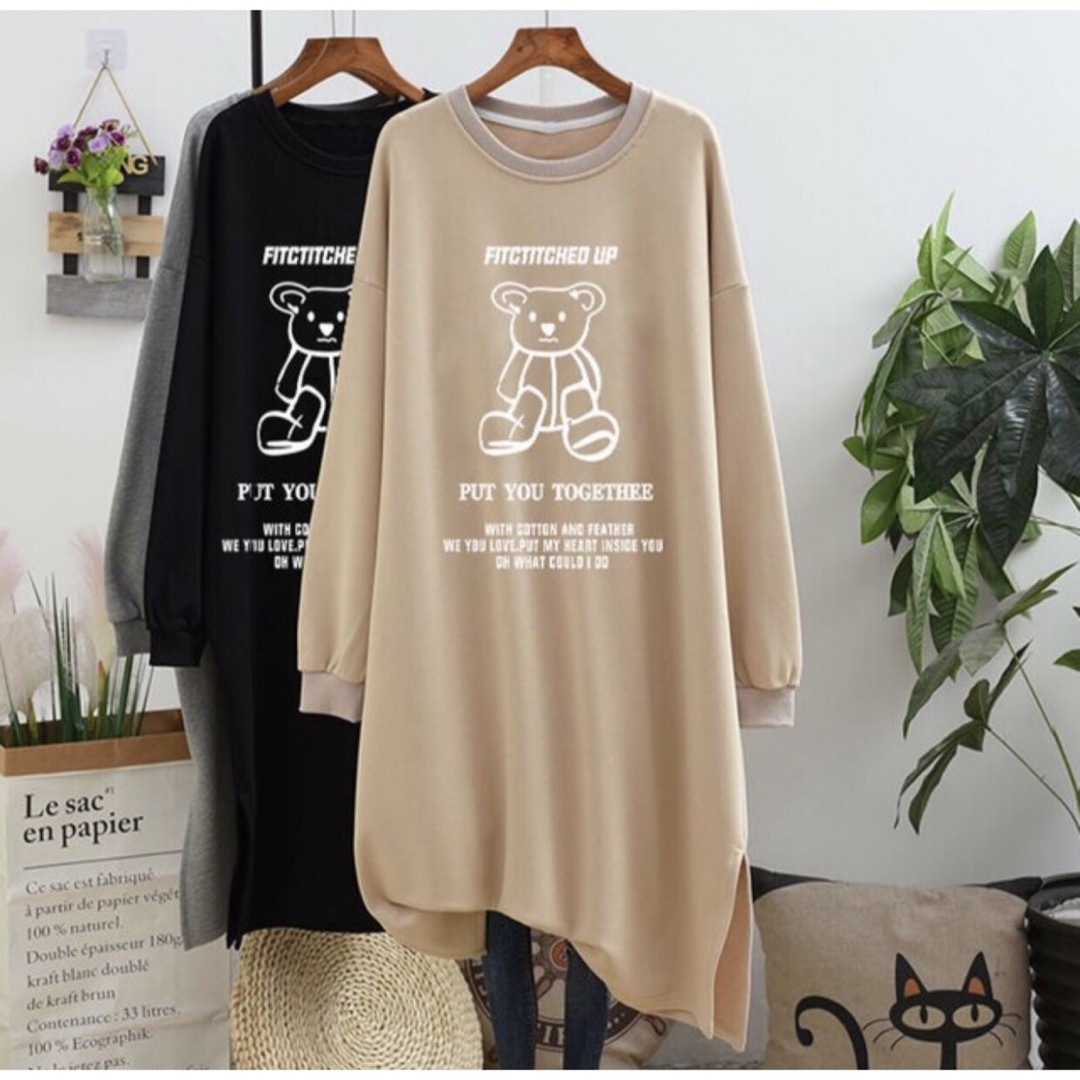 LWDA095レディース Tシャツワンピース 春秋 ゆったり 長袖 大きいサイズ レディースのワンピース(ひざ丈ワンピース)の商品写真