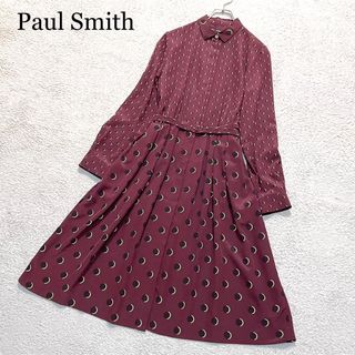 ポールスミス(Paul Smith)の美品　ポールスミスブラック　ワンピース　プリーツ　ドット柄　襟　ベルト付き　38(ひざ丈ワンピース)