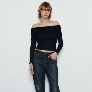 ザラ(ZARA)のZARA ギャザーセミシアーコットントップス(Tシャツ(長袖/七分))