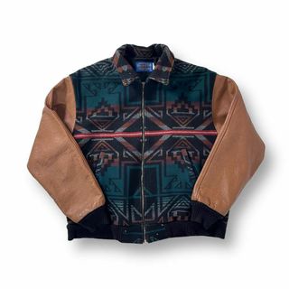 ペンドルトン(PENDLETON)の激レア ペンドルトン ウール 袖レザー スタジャン オルテガ チマヨ 総柄 古着(スタジャン)