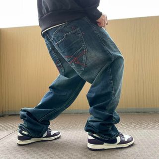 ロカウェア(Rocawear)のW38 ロカウェア ポケットロゴ刺繍バギーパンツ ヒップホップデニム 青 赤(デニム/ジーンズ)