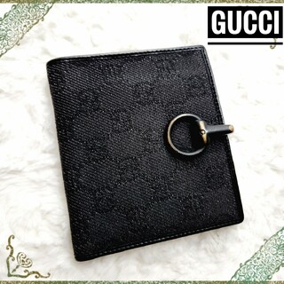 グッチ(Gucci)のGUCCI☆ホースビット GG柄キャンバス 二つ折り財布 ウォレット ブラック(折り財布)