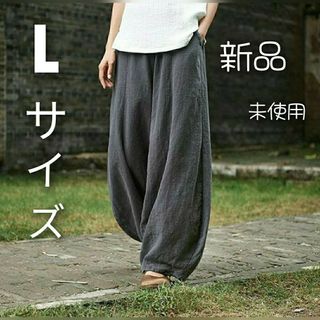 Ｌ★ サルエルパンツ ワイドパンツ グレー 綿麻 楽 コットン リネン(サルエルパンツ)