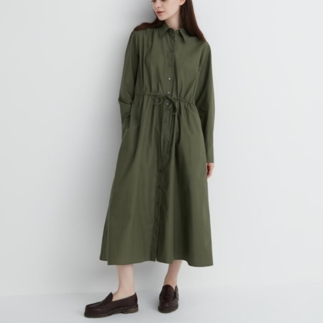 UNIQLO(ユニクロ)の【美品】UNIQLO コットンロングシャツワンピース (ダークグリーン XS) レディースのワンピース(ロングワンピース/マキシワンピース)の商品写真